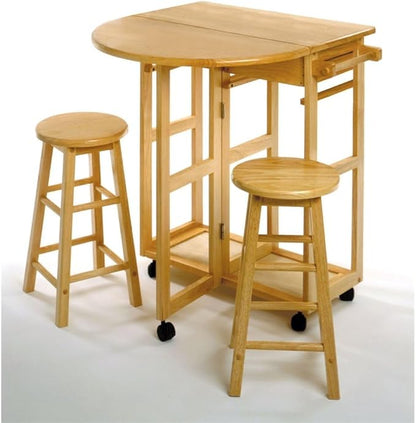 Furnifact Space-Saving 3-Piece Drop Leaf Dining Set, Solid Wood Table & 2 Round Stools, Brown