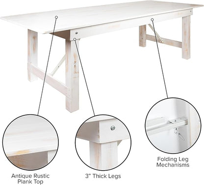 Flash Furniture HERCULES Series 7' x 40" Rectangular Antique Rustic White Solid Pine Folding Farm Table
