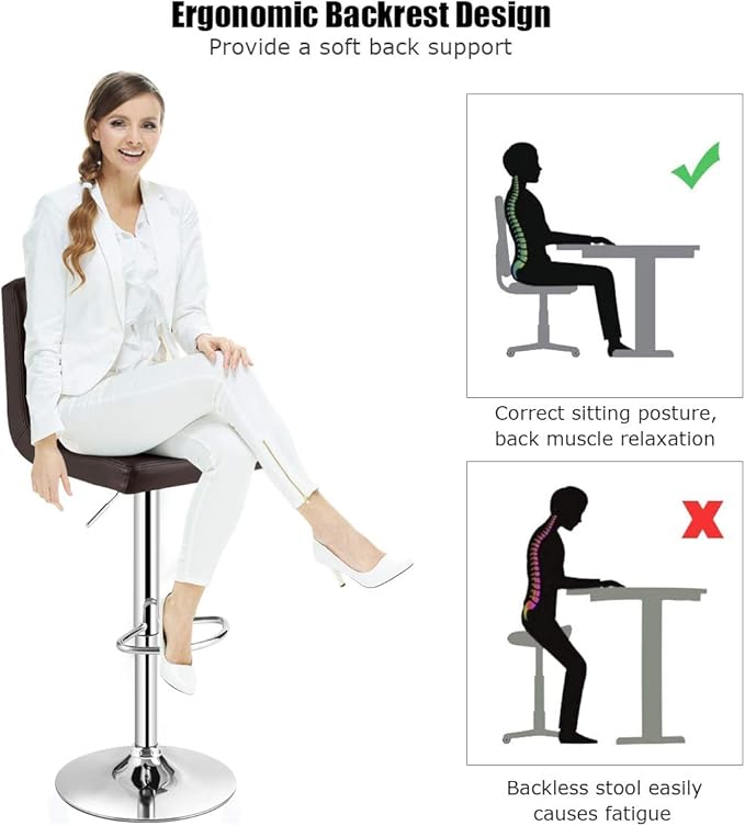 COSTWAY Adjustable Bar Stools Set of 4, Modern Swivel PU Leather Bar Chair with Backrest, Soft Cushioned Seat, Footrest, Sturdy Metal Frame, Comfortable Barstools for Kitchen Island, Pub, Brown