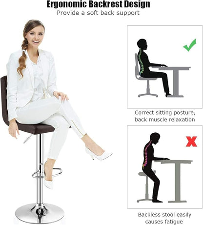 COSTWAY Adjustable Bar Stools Set of 4, Modern Swivel PU Leather Bar Chair with Backrest, Soft Cushioned Seat, Footrest, Sturdy Metal Frame, Comfortable Barstools for Kitchen Island, Pub, Brown