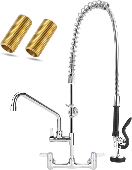 Commercial Faucet with Sprayer, 36 Inch Height Commercial Sink Faucet Wall Mount with 8" Adjustable Center and 12" Add-on Swing Spout & Pull Down Pre Rinse Sprayer