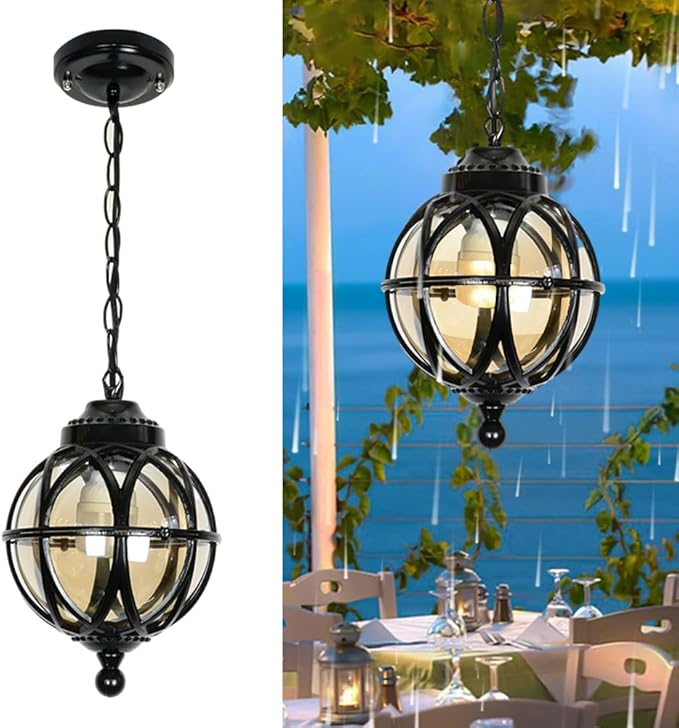 Vintage Ceiling Pendant Light Outdoor Waterproof Hanging Light for Porch, Lantern Glass Aluminum Exterior Retro Chandelier for Porch Patio Farmhouse Entryway (27cm/10.6")