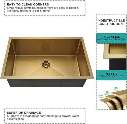 33 Inch Gold Kitchen Sink with Faucet Combo-iAnomla 33x19 Undermount Sinks Stainless Steel Brushed Gold Deep Single Bowl Kitchen Sink and Faucet Combo Set