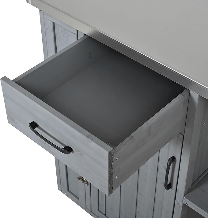 JIJIWANG 35.6" Outdoor Kitchen Island with Stainless Steel Top and Towel and Spice Racks, Rolling Kitchen Island with Storage for Small Spaces Patio Grey