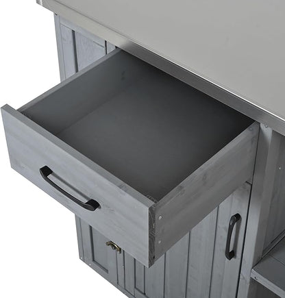 JIJIWANG 35.6" Outdoor Kitchen Island with Stainless Steel Top and Towel and Spice Racks, Rolling Kitchen Island with Storage for Small Spaces Patio Grey