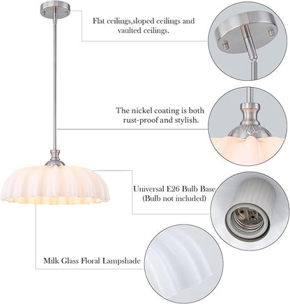 15.7" Vintage Flower Brushed Nickel Chandelier - Adjustable Height White Milk Glass Shades Pendant Light Fixture for Kitchen Island, Dining Room, Bedroom