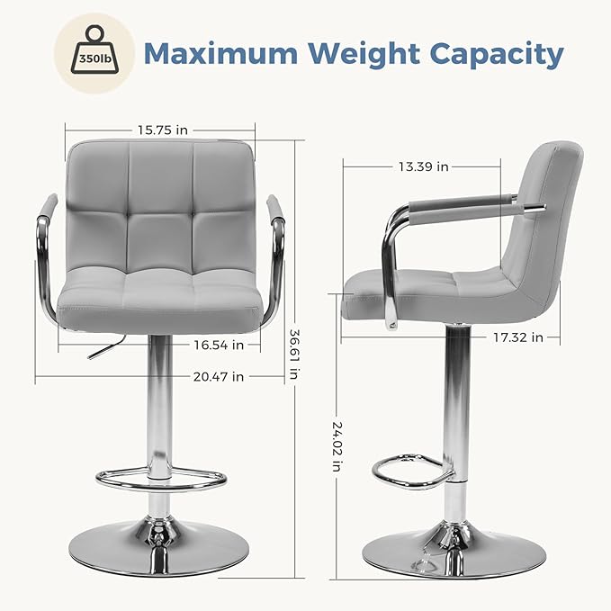DUMOS Bar Stools Set of 2, Adjustable Swivel Bar Chairs with Padded Armrests and Ergonomic Backrest for Kitchen Island Counter Pub Dining Room, Water-Resistant PU Leather, Grey