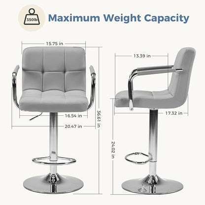 DUMOS Bar Stools Set of 2, Adjustable Swivel Bar Chairs with Padded Armrests and Ergonomic Backrest for Kitchen Island Counter Pub Dining Room, Water-Resistant PU Leather, Grey