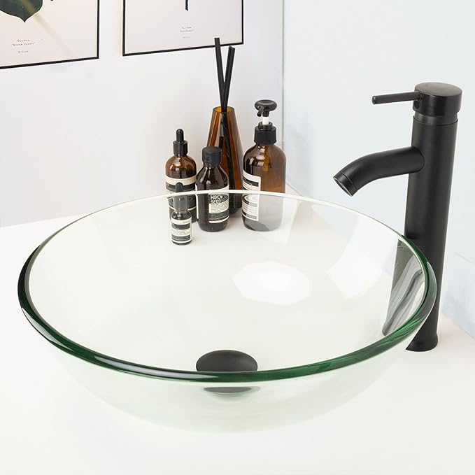 Design Vessel Sink Bathroom Sink above counter Small Vessel Sink Bathroom Sink Bowl Countertop Modern Sinks with faucet and drain combo 16.5" Round Transparent New