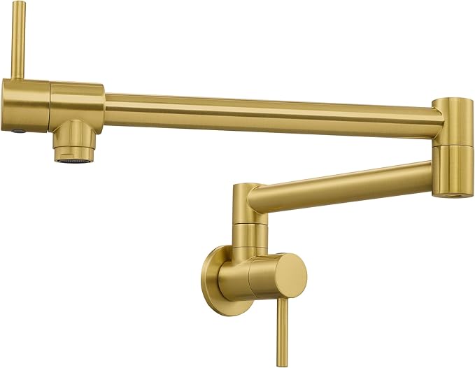 KES Kitchen Gold Pot Filler Folding Faucet Brass Double Joint Swing Arm Sink Faucet Articulating Wall Mount Two Handle Brushed Gold, KN926LFF18-BZ