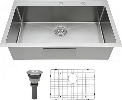 33x22 Inch Drop In Kitchen Sink, Topmount Stainless Steel Brushed Nickel Single Bowl Kitchen Sink, Extra-thick 16 Gauge For RV Laundry Utility with Dish Grid and Basket Strainer YSD013