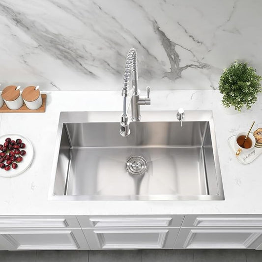 28 Inch Drop in Kitchen Sink, 28" x 19" 16 Gauge Stainless Steel Deep Kitchen Sink Single Bowl Basin with Drain Strainer
