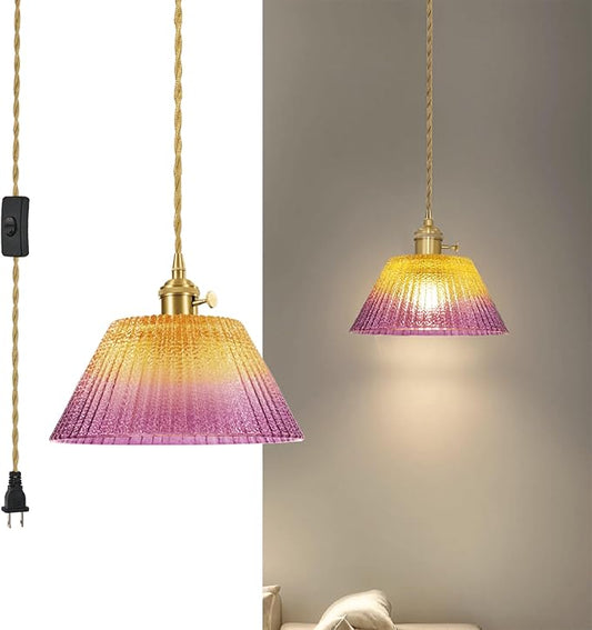 Glass Hanging Lamp Plug in Pendant Light Fixtures, Gold Pink Glass Vintage Pendant Lights Kitchen Island Dining Room Bedroom Living Room, LED Bulb Included