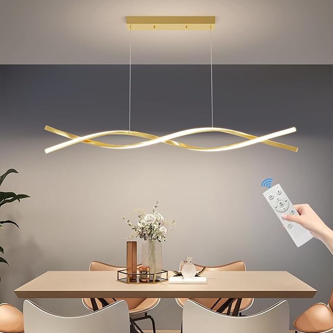 Modern Gold Ceiling Pendant Light, 57IN Chandelier with Remote Control 3000k-6500K Adjustable Color Temperature,Aluminum Island Lighting Lamp for Dining Room, Living Room, Island