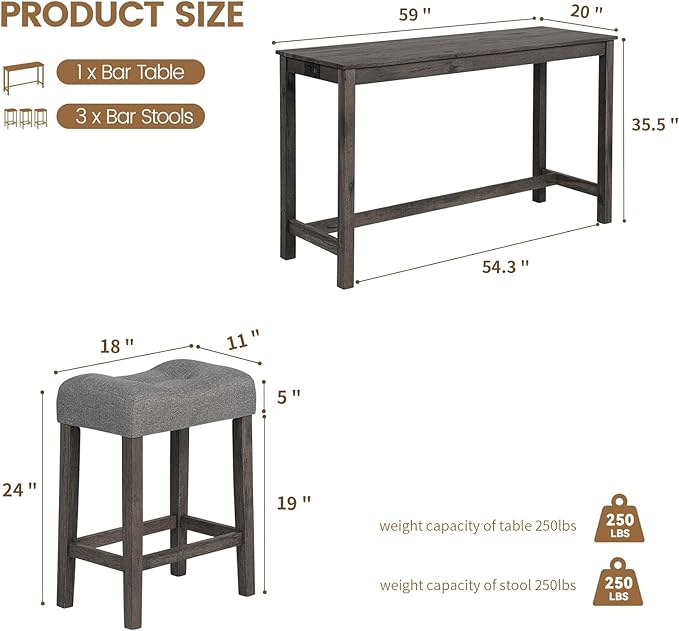 HMFULE 59'' Dining Bar Table and Chairs Set with Power Outlet, 4-Piece Industrial Breakfast Table Set with 3 Padded Stools, Wood Console Table Set for Kitchen Living Room Dining Room, Dark Gray