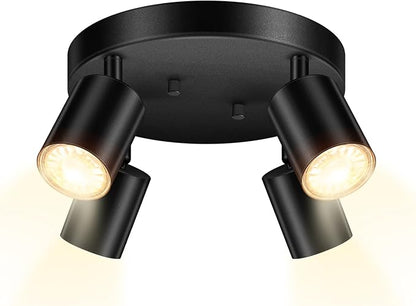 AUQUEE LED 4 Light Track Lighting Kit, LED Track Lighting Fixtures, Black Round Ceiling Spot Lighting, Flexibly Rotatable Light Head for Kitchen, Living Room, Bedroom, GU10 Bulb Not Included