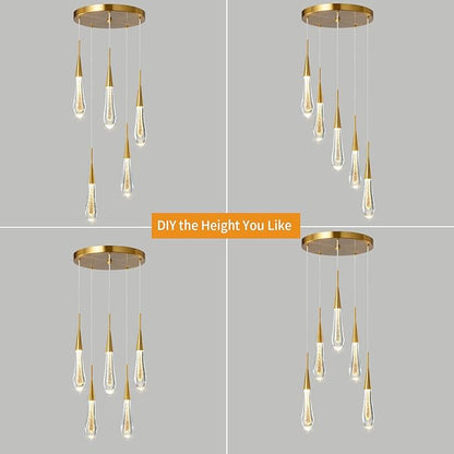LMQNINE Kitchen Light Fixtures Ceiling Dimmable LED Modern Gold Pendant Light Mini Teardrop Crystal Pendant Light for Kitchen Island Bedroom Hallway Entryway (5-Light)