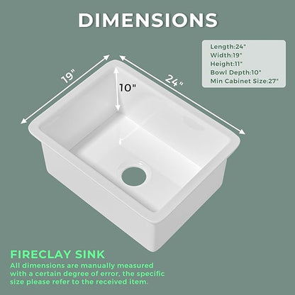 White Fireclay Undermount KItchen Sink 24 Inch, Single Bowl Small Topmount White Undermount Laundry Sink 24''x19''x11'' Drop In, Heavy Duty Deep Basin, Dual Mount, for Kitchen, Island, Laundry