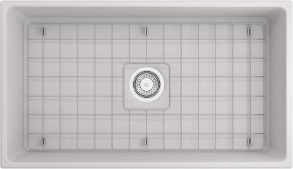 BOCCHI Contempo Farmhouse Apron Front Fireclay 33 in. Single Bowl Kitchen Sink with Protective Bottom Grid and Strainer in Matte White