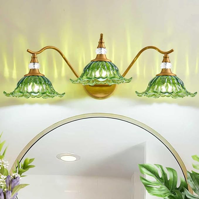 Vintage Bathroom Vanity Light Fixtures - 3 Light Antique Brass Bathroom Lights Fixture Over Mirror with Green Flower Glass,Retro Brushed Gold Bronze Wall-Mounted Vanity Lighting for Powder Room