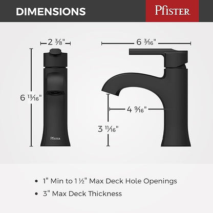 Pfister Vaneri Single Handle Bathroom Sink Faucet 1-Hole Matte Black Finish NSF Certified WaterSense with Push & Seal Drain TiteSeal Mounting Technology LF042VRIBB