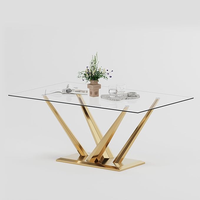 Luxury Gold Glass Dining Table for 4-6 Modern 63-Inch Rectangular Kitchen & Dining Room Table with Double V-Shape Stainless Steel Base Large Clear Glass Top Dining Table for Home Office