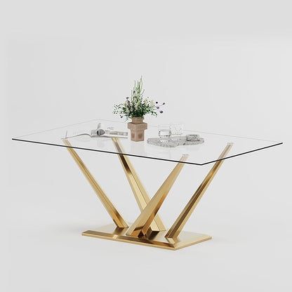 Luxury Gold Glass Dining Table for 4-6 Modern 63-Inch Rectangular Kitchen & Dining Room Table with Double V-Shape Stainless Steel Base Large Clear Glass Top Dining Table for Home Office
