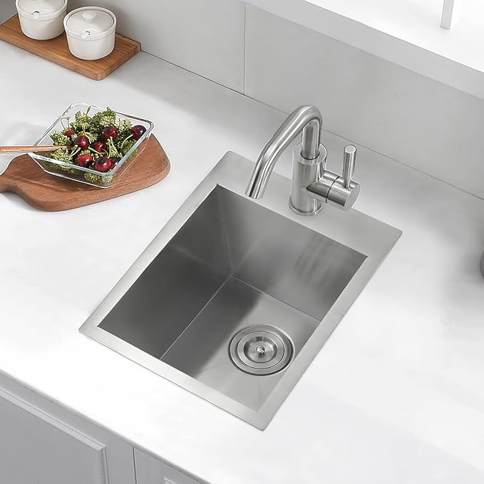 15 Inches Drop In Stainless Steel Kitchen Bar Sink, Luckyhorse 15” x 18” x 10” 18 Gauge Stainless Steel Kitchen Outdoor Sink RV Sink LH019LQ