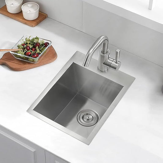 15 Inches Drop In Stainless Steel Kitchen Bar Sink, Luckyhorse 15” x 18” x 10” 18 Gauge Stainless Steel Kitchen Outdoor Sink RV Sink LH019LQ