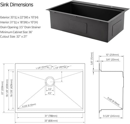 33 Drop In Black Workstation Kitchen Sink, Luckyhorse 33x22 Inches 16 Gauge Nano Black Stainless Steel Sink Topmount Workstation Single Bowl Kitchen Sink LH007SB