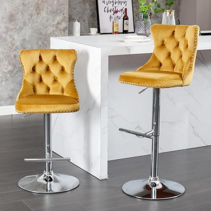 Premium Upholstered Bar Stool with Swivel Seat and Adjustable Height for Kitchen Island, Home Bar, or Dining Counter (Gold + Velvet + Foam)