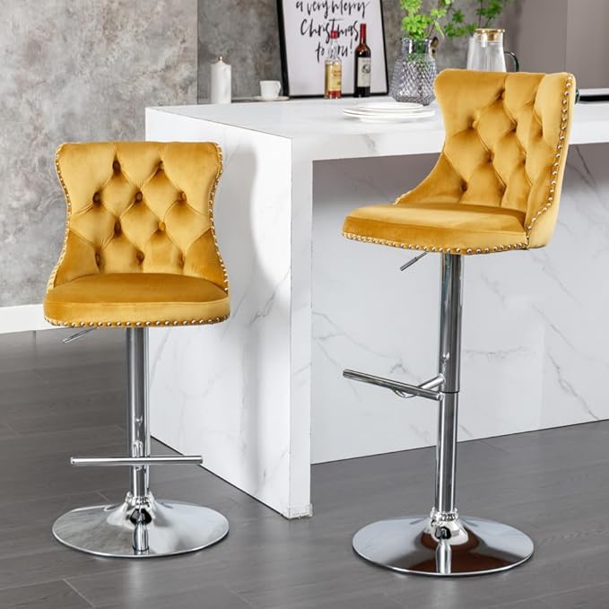 Premium Velvet Upholstered Swivel Bar Stool with Adjustable Height and Tufted Backrest for Kitchen Island, Home Bar, and Dining Space (Gold + Velvet + Foam)