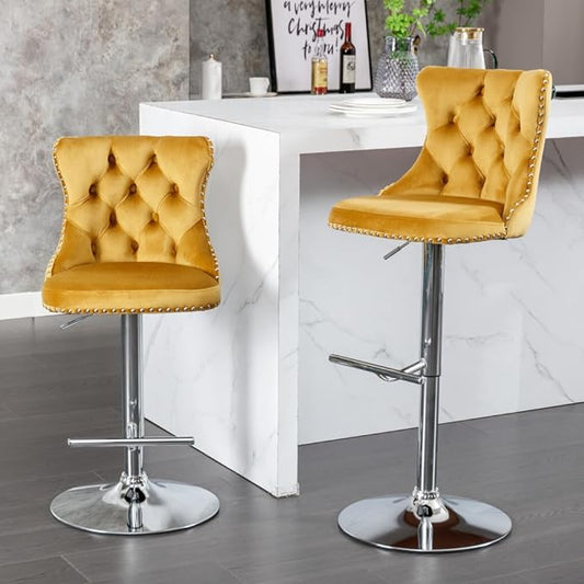 Premium Velvet Upholstered Swivel Bar Stool with Adjustable Height and Tufted Backrest for Kitchen Island, Home Bar, and Dining Space (Gold + Velvet + Foam)