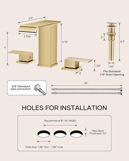 AVSIILE Waterfall Bathroom Faucet 3 Hole, Brushed Gold 8 Inch Widespread Modern 3 Piece Bathroom Sink Faucets & Parts, Touch On Lavatory Faucet for Bathroom Vanity