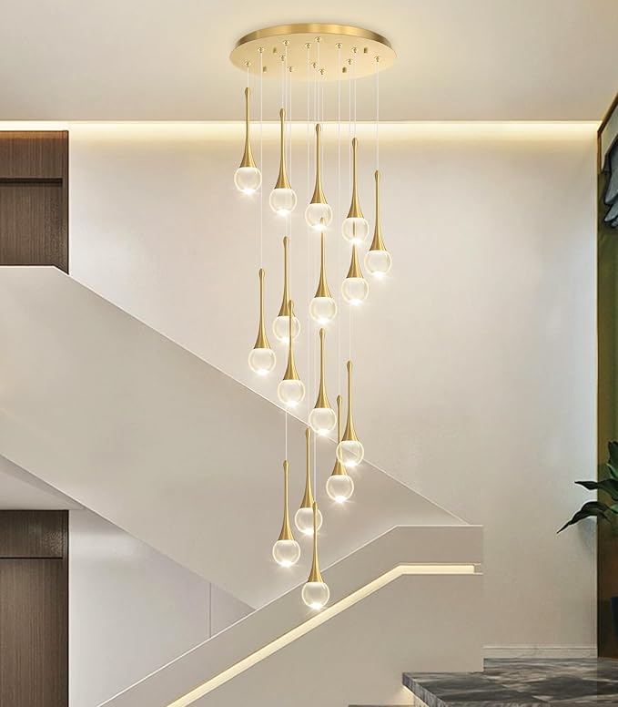 16 Light High Ceiling Crystal Chandelier Dimmable LED Pendant Lights with Remote Adjustable Chandeliers for Foyer Staircase Living Room Gold