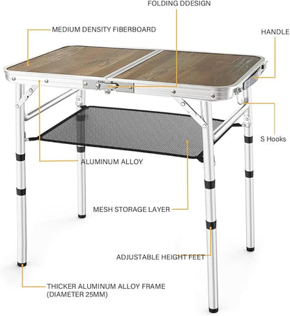 YihuiKo Small Folding Table, 3 Adjustable Heights Picnic Table, Outdoor Folding Table with Storage Mesh Layer, Portable Table for BBQ, Patio, and Indoor