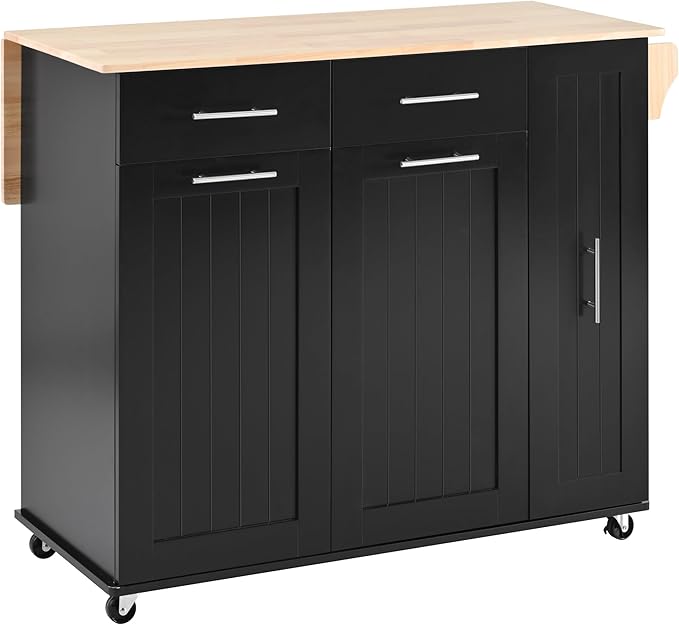 Modern Dining Table Expandable with and Drop - Kitchen Island Cart with 3-Tier Pull Out Organizer, Shelves, Rolling Wheels, Wood Countertop, Easy Clean Surface,Black-Wood