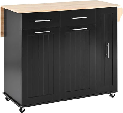 Modern Dining Table Expandable with and Drop - Kitchen Island Cart with 3-Tier Pull Out Organizer, Shelves, Rolling Wheels, Wood Countertop, Easy Clean Surface,Black-Wood