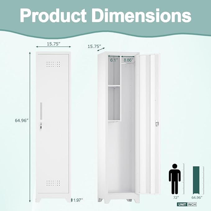 Slim Broom Storage Cabinets, Metal Cabinet with Shelves and Hanging Rod, 15.75" W Utility Storage Cabinet with Locking Door, Slim Cabinet for Small Spaces, Kitchen, Pantry, Office, Shop