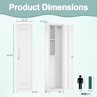 Slim Broom Storage Cabinets, Metal Cabinet with Shelves and Hanging Rod, 15.75" W Utility Storage Cabinet with Locking Door, Slim Cabinet for Small Spaces, Kitchen, Pantry, Office, Shop