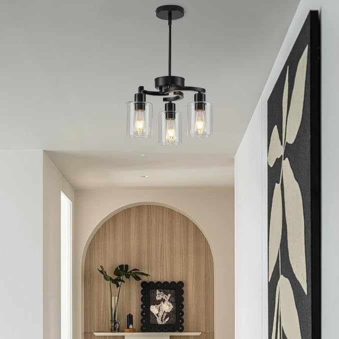 3 Lights Farmhouse Black Chandeliers Adjustable Height Hanging Modern Industrial Ceiling Pendant Lights for Kitchen Island Living Room Foyer Entry Bedroom Staircase