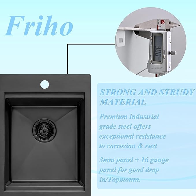 Friho Drop in Black Bar Sink, 15 x 20 Inch Stainless Steel Single Bowl Small Topmount Kitchen Sink, Handmade Bar Apply Office Wet Bar Prep RV Outdoor Yard with Cutting Board