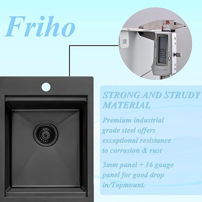 Friho Drop in Black Bar Sink, 15 x 20 Inch Stainless Steel Single Bowl Small Topmount Kitchen Sink, Handmade Bar Apply Office Wet Bar Prep RV Outdoor Yard with Cutting Board