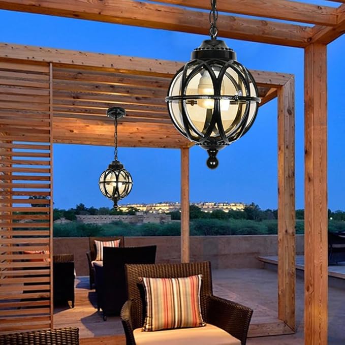 Vintage Ceiling Pendant Light Outdoor Waterproof Hanging Light for Porch, Lantern Glass Aluminum Exterior Retro Chandelier for Porch Patio Farmhouse Entryway (27cm/10.6")