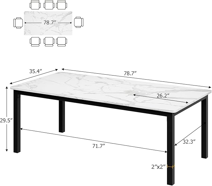 GarveeHome 78.7 in Industrial Dining Table for 6, Wooden Long Dinner Table with Mortise Tenon Design, Kitchen Table with Sturdy Metal Legs, for Dining Room Home Office Living Room, White