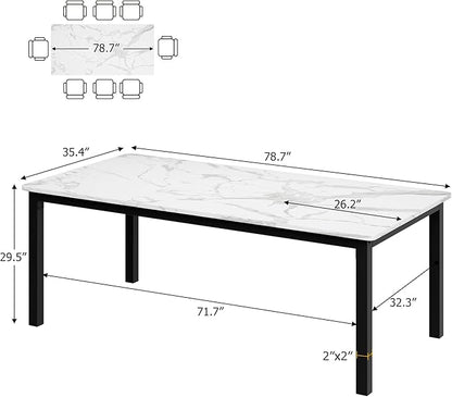 GarveeHome 78.7 in Industrial Dining Table for 6, Wooden Long Dinner Table with Mortise Tenon Design, Kitchen Table with Sturdy Metal Legs, for Dining Room Home Office Living Room, White