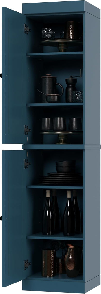 Palace Imports Solid Wood Pantry Cabinet - Tall Narrow Storage Cabinet with Raised Panel Doors - 16.5" W x 71.5" H - Teal Blue, Kitchen Cupboard, Adjustable Shelves, 100% Eco-Friendly Wood, Modular