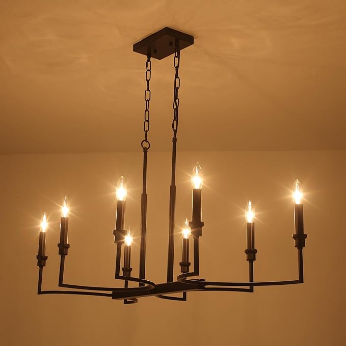 8-Light Black Chandelier, Farmhouse Dining Room Light Fixtures Over Table, Metal Candle Rectangular Chandelier Light Fixture Dining Retro Kitchen Island Lighting Living Room Entryway37in
