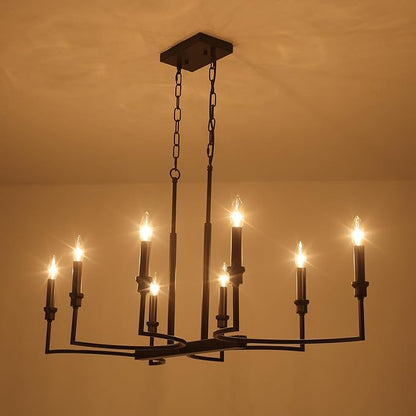 8-Light Black Chandelier, Farmhouse Dining Room Light Fixtures Over Table, Metal Candle Rectangular Chandelier Light Fixture Dining Retro Kitchen Island Lighting Living Room Entryway37in