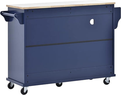 Kitchen Island Cart with Storage Cabinet and Two Locking Wheels, Microwave Cabinet, Solid Wood Desktop, Floor Standing Buffet Server Sideboard for Kitchen Room, Dining Room, Bathroom (Dark blue-JZP1)